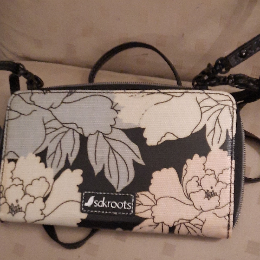Sakroots Black and Cream Floral Crossbody Bag
